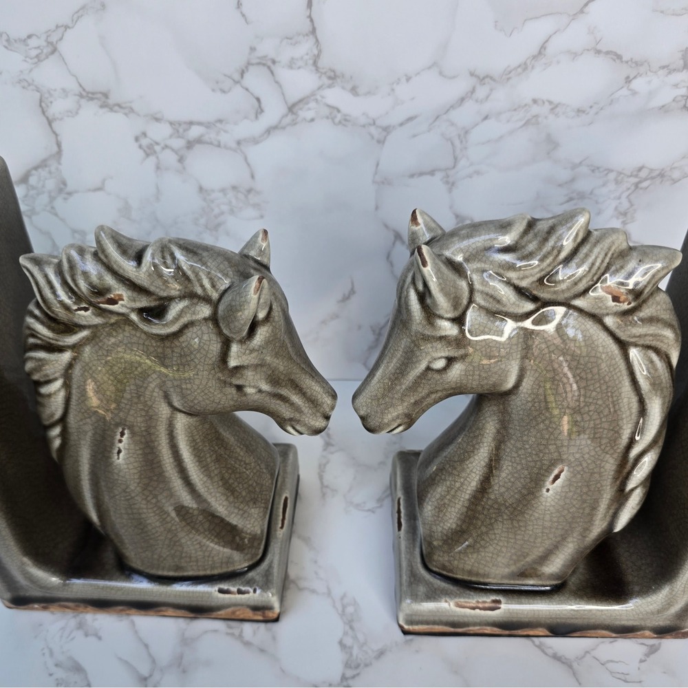 Vintage MCM Ceramic Horse Head Bookends Crackle Glaze Equestrian Decor Set - Picture 7 of 15